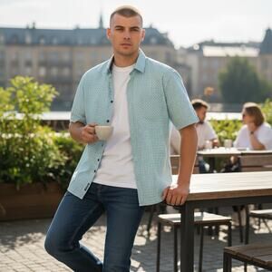 Nickel & Iron Mens XXL Cotton Short Sleeve Geometric Button Up Shirt Light Blue